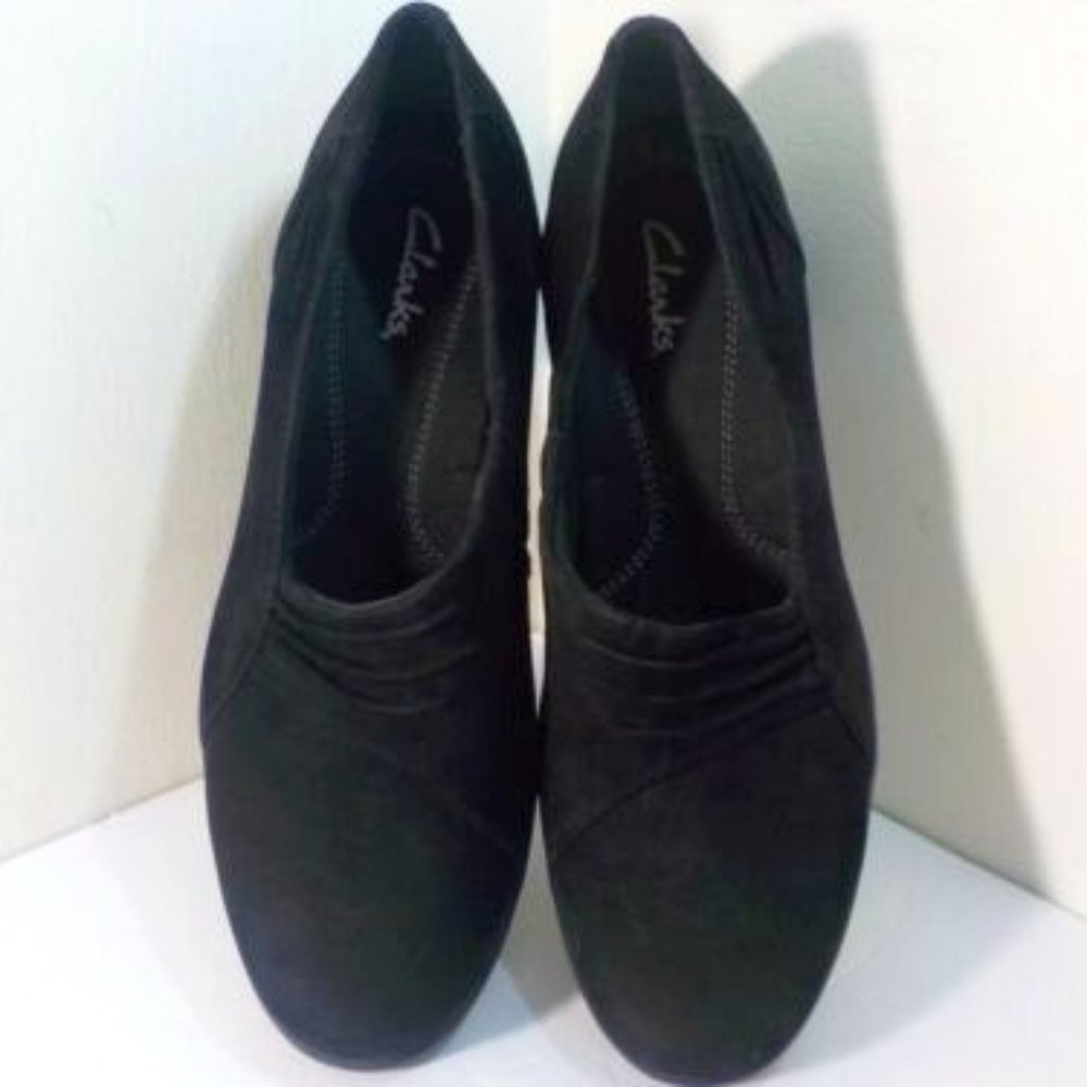Clarks Women's Black Suede Leather Pumps Wedge Heel, Comfort Feel Size 8 M